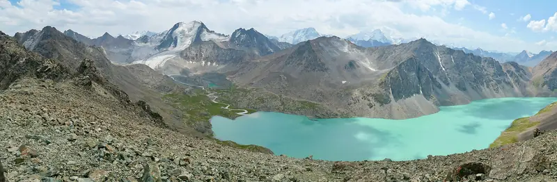 Panorama des Ala-Köl-Sees, der Gletscher und des Kamms
