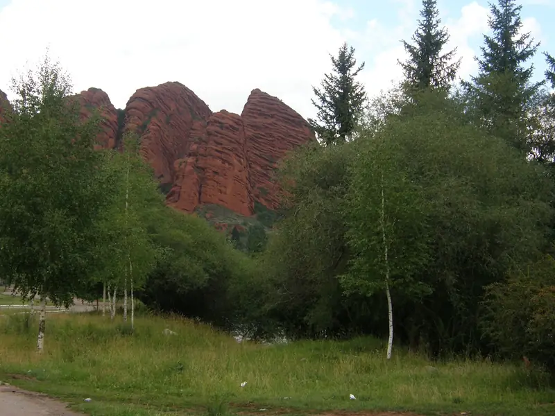 Дарактардын жашыл жалбырактарынын артындагы кызыл таштар