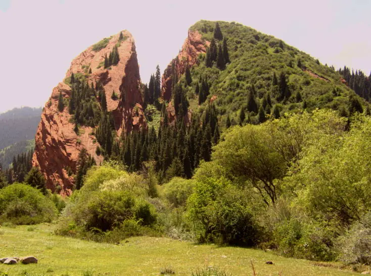 Кызыл аска жаракалуу, анын алдында жашыл шалбаа жана бадалдар бар