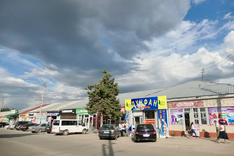 Calle con tiendas y coches, abetos junto a la carretera, cielo nublado