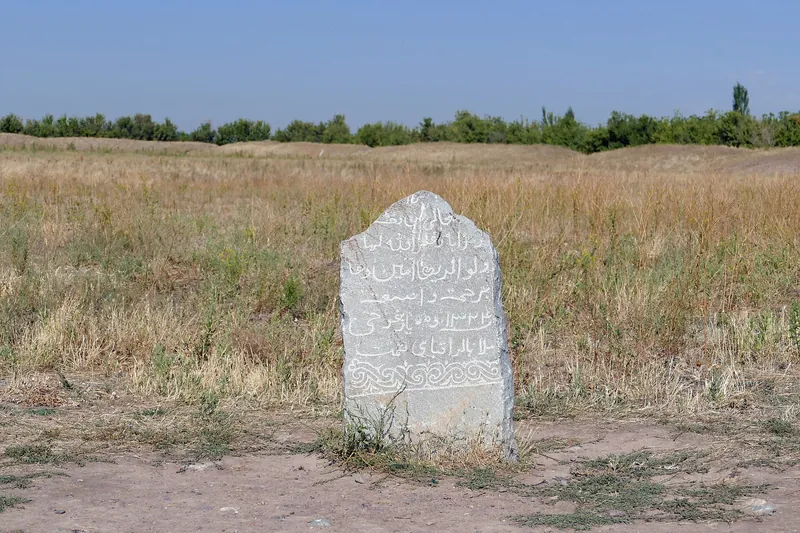 Lines of an Arabic inscription are visible on a pale stone slab, carved into its rough surface.
