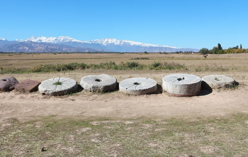 Macine rotonde in pietra con fori centrali sono allineate su un’area erbosa.