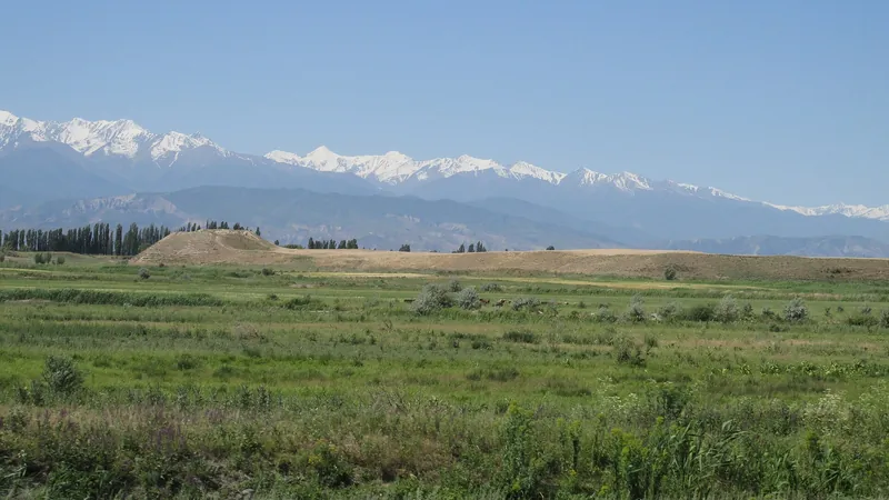 Ein grünes Feld mit niedrigen Erdresten von Mauern, in der Ferne ein verschneites Gebirge.