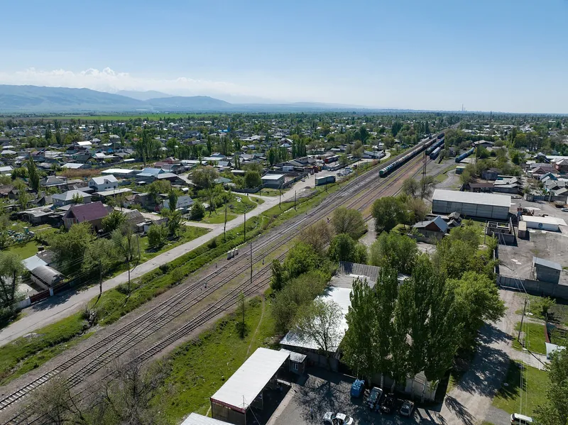 Gleise am Bahnhof Kant zwischen grünen Vierteln, am Horizont ein Gebirge.