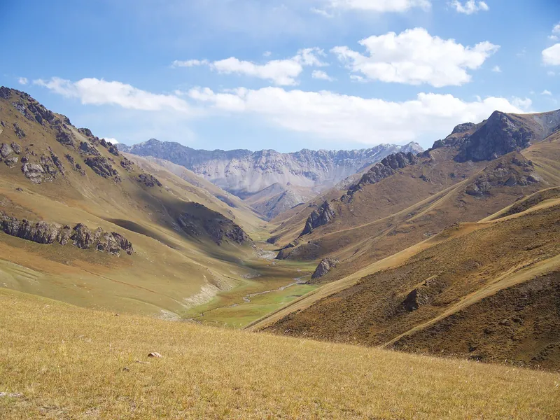 Ein weites Bergtal mit trockenem Gras und einem schmalen Bachband zieht sich zu felsigen Gipfeln.