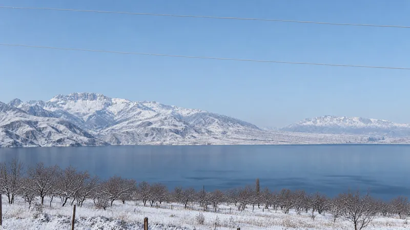 Toktogul-Stausee im Winter, schneebedeckte Gärten und Berge rund um das offene Wasser.