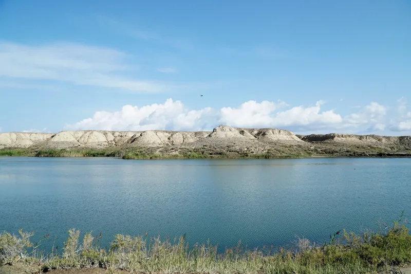 Blaues Wasser des Tus-Köl und niedrige helle Ufer hinter dem Ufergras.