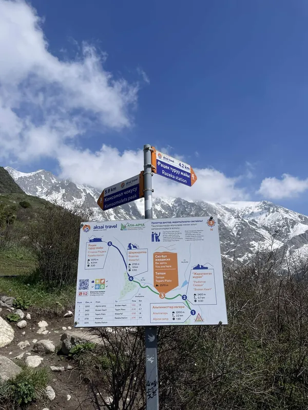 Penunjuk arah dan papan informasi berdiri di tepi jalur gunung, berlatar tebing dan lereng bersalju.