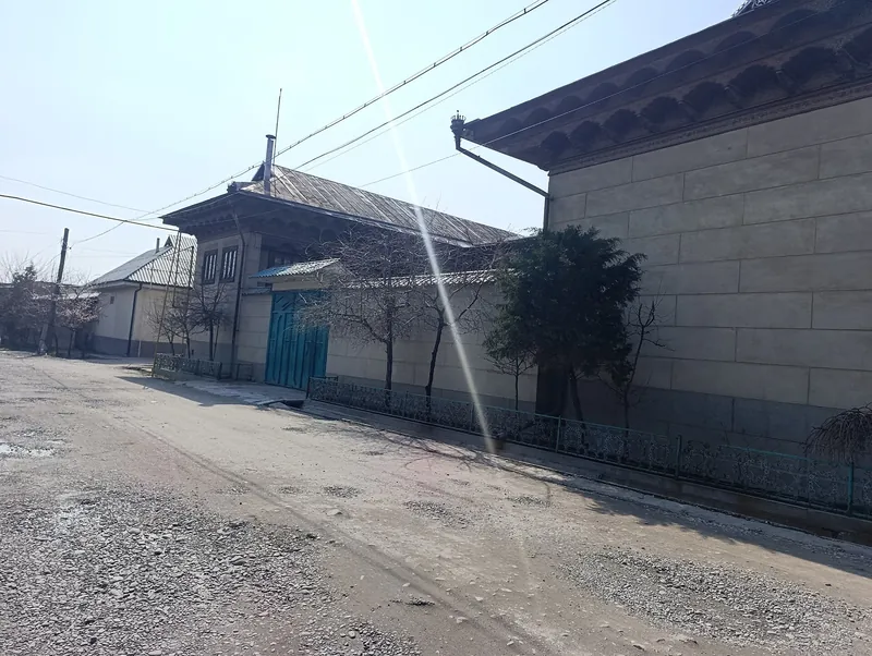 Casas de una planta y portones altos en una calle estrecha, árboles en el borde.