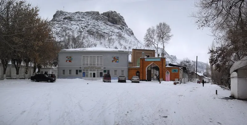 Музейное здание у заснеженной улицы, за ним поднимается скалистая гора.
