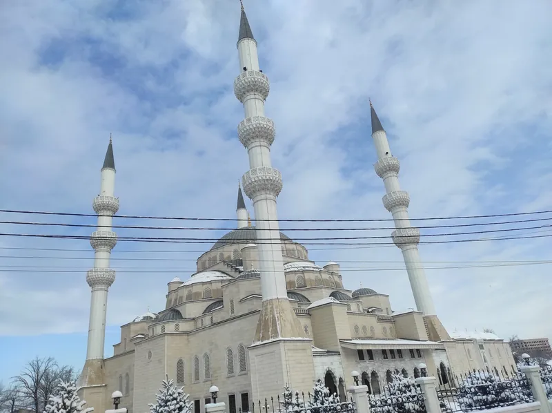 Cupole e minareti Moschea centrale di Bishkek; C'è neve vicino al recinto, i fili corrono sulla facciata.